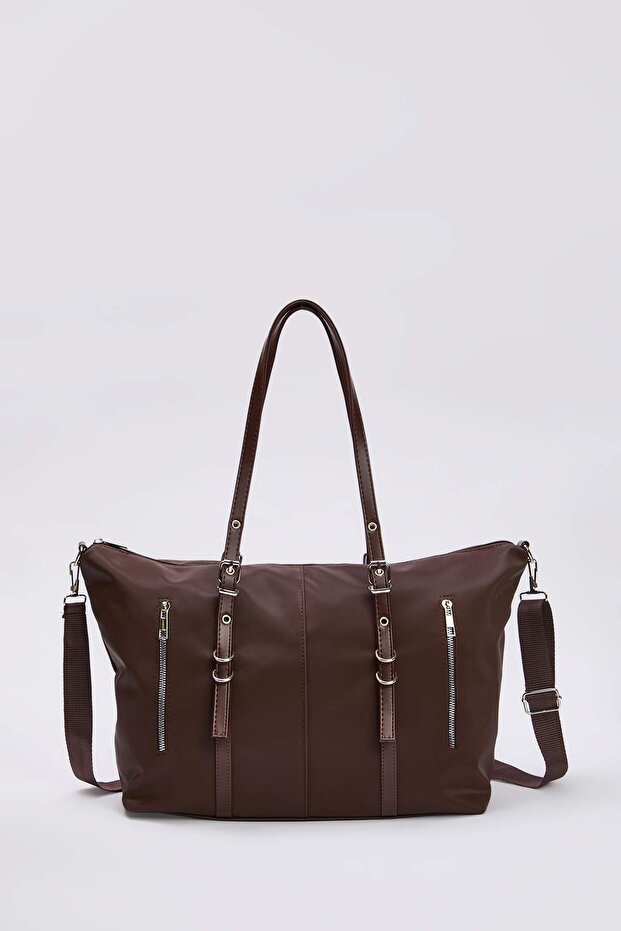 Kahverengi Çift Askılı Büyük Maxi Tote Kadın Maksi Boy Omuz Çantası TAKAW26OC00073 - 3