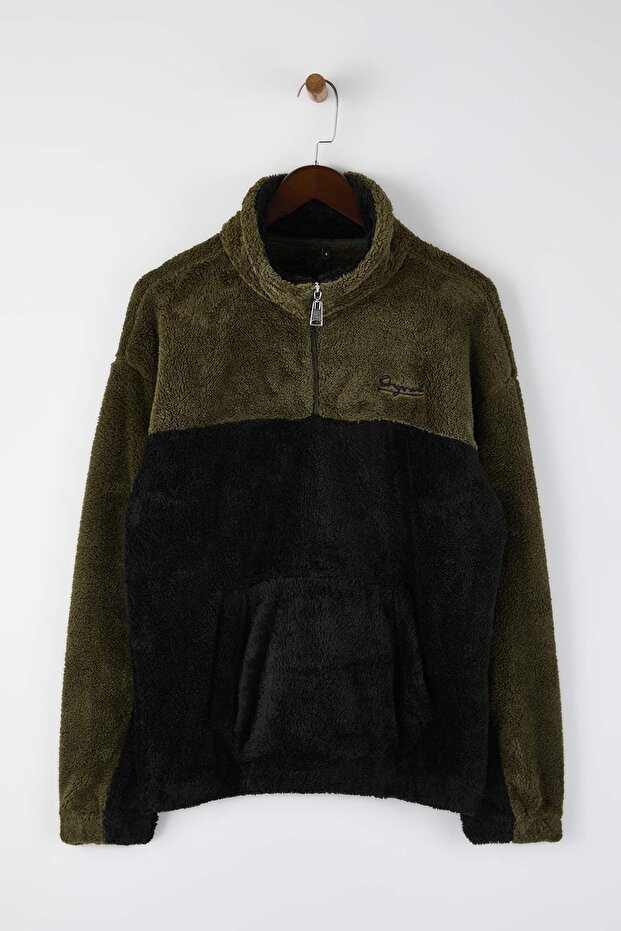 Yeşil Unisex Oversize/Geniş Kesim Renk Blok Sıcak Tutan Peluş Sweatshirt TMNAW22SW1477 - 5