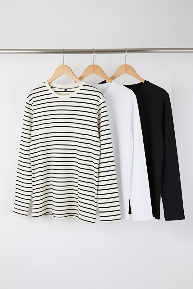 Çok Renkli 3'lü Paket Regular/Normal Kalıp Basic Bisiklet Yaka Örme T-Shirt TBBAW26BF00004 - 11