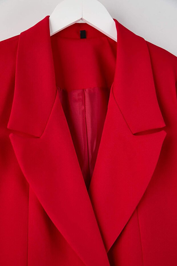 Kırmızı Regular Astarlı Kruvaze Kapama Dokuma Blazer Ceket TWOSS20CE0059 - 6