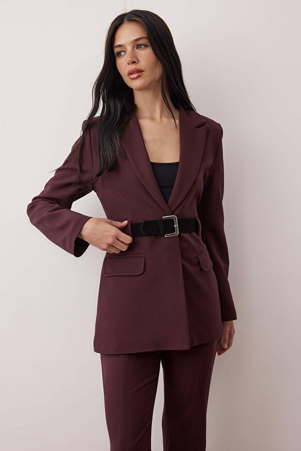 Mürdüm Kemerli Fitted/Vücuda Oturan Dokuma Blazer Ceket TWOAW26BC00068 - 1