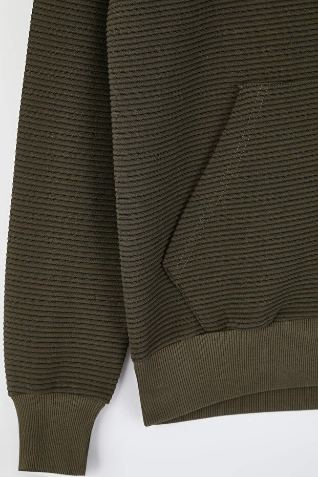 Haki Regular/Normal Kesim Fermuarlı Kapüşonlu Dokulu Sweatshirt TMNAW26SW00067 - 6