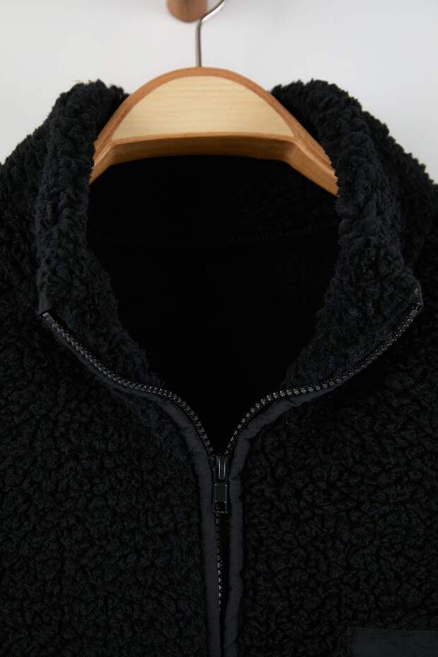 Winter Essentials Siyah Kalın Polar Fermuarlı Dik Yaka Cepli Örme Sweatshirt TBBAW26AO00022 - 10