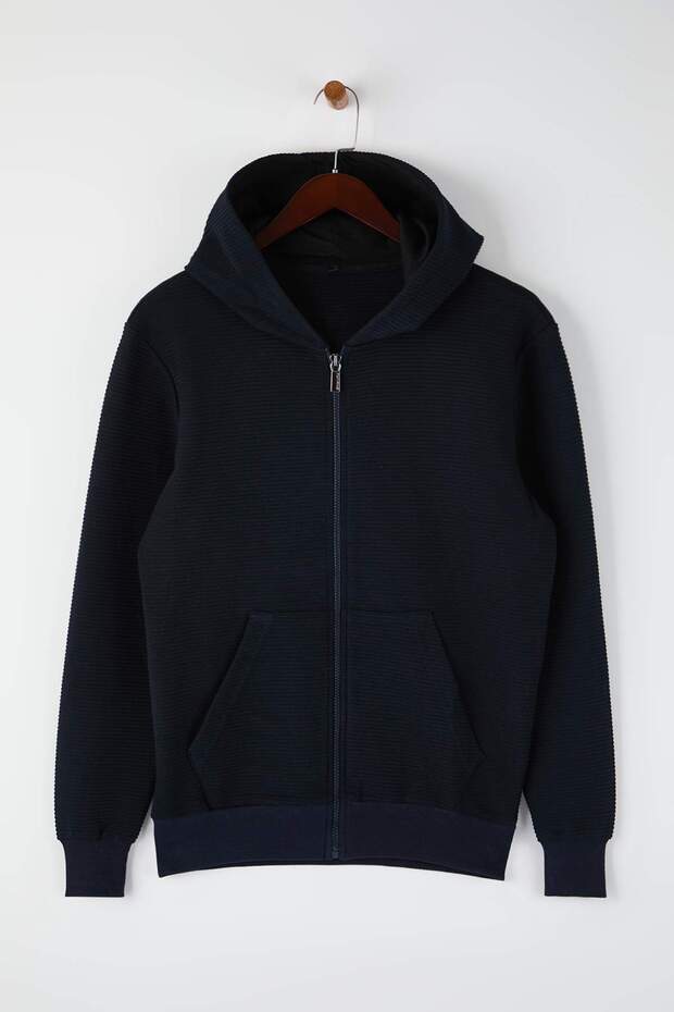 Lacivert Regular/Normal Kesim Fermuarlı Kapüşonlu Dokulu Sweatshirt TMNAW26SW00067 - 5