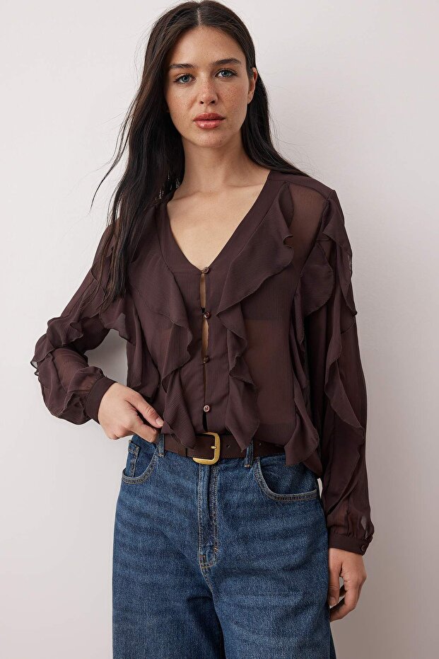 Kahverengi Volanlı Boho Yarı Transparan Gömlek TWOAW26GO00045 - 1