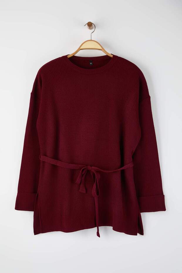 Bordo Beli Kuşaklı Uzun Triko Kazak TBBAW26AN00038 - 5