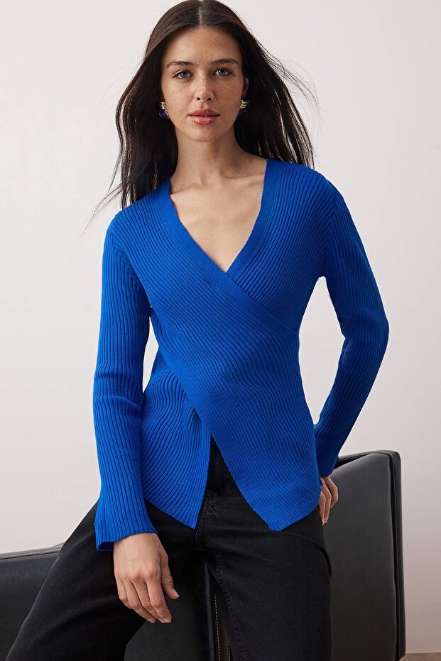 Saks*001 Fitted/Vücuda Oturan Kruvaze İnce Triko Kazak TWOAW26KZ00178 - 1