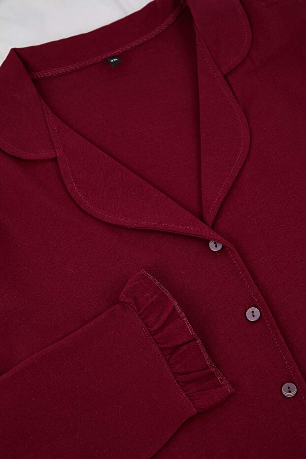 Bordo Gömlek Yaka Volan Detaylı Örme Pijama Takımı TBBAW25AI00056 - 5