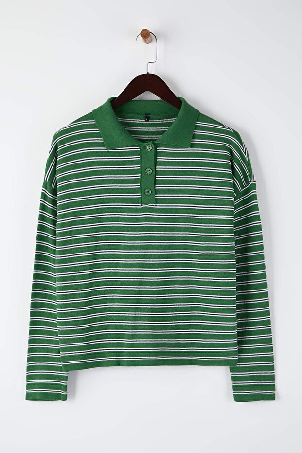 Wardrobe Essentials Yeşil Premium İplik/Özel İplikli Geniş Kalıp Çizgili Triko Kazak TWOAW26KZ00195 - 5