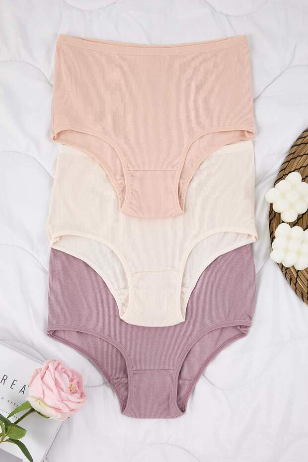 Pembe-Çok Renkli 3'lü Pamuklu Fitilli Hipster Örme Külot THMAW26KU00030 - 3