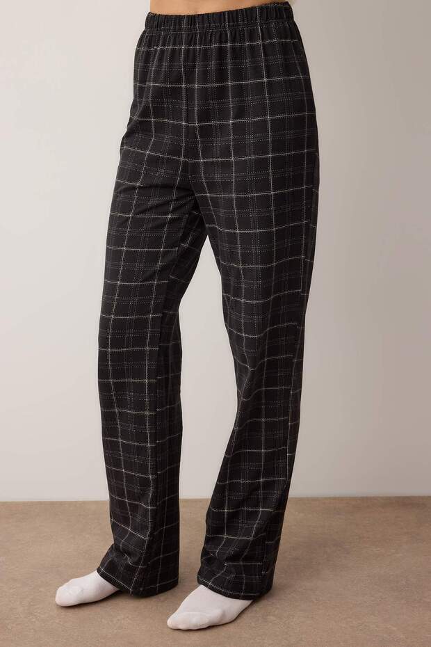 Siyah %100 Pamuklu Kalpli Ekoseli Örme Pijama Takımı THMAW26PT00063 - 3