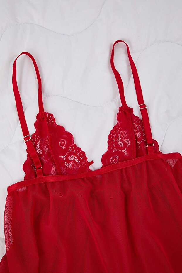 Kırmızı Tül Kurdele/Fiyonk ve Dantel Detaylı Kapsız Külotlu Babydoll/Fantezi Gecelik THMAW26LL00007 - 7