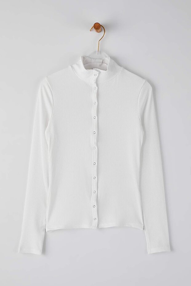 Ekru Önü Full Çıtçıt Kapama Kaşkorse Fitted/Vücuda Oturan Örme Bluz TWOAW26BZ00329 - 5