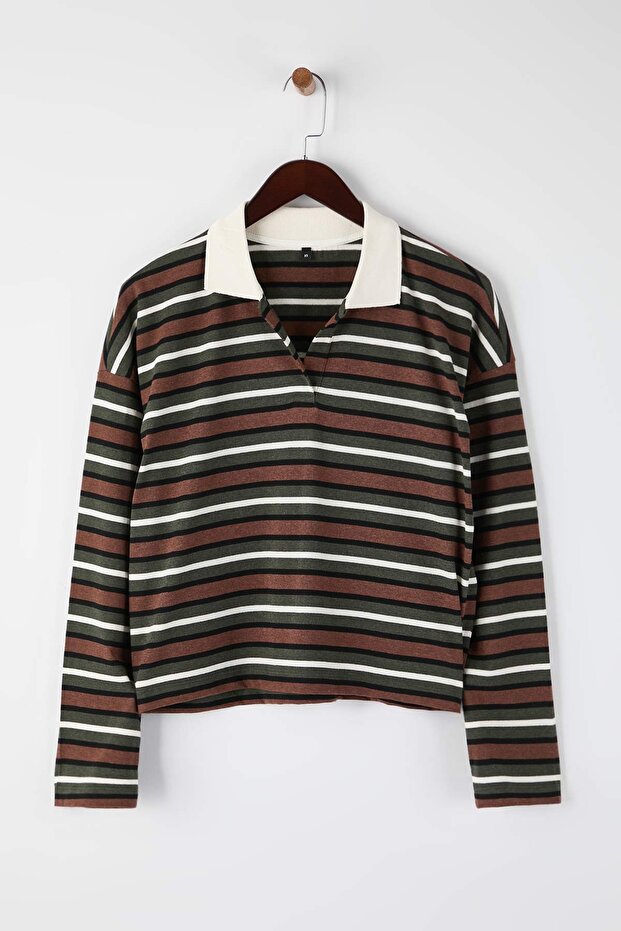 Haki Çizgili Polo Yaka Oversize/Geniş Kalıp Örme T-Shirt TWOAW26TS00020 - 5