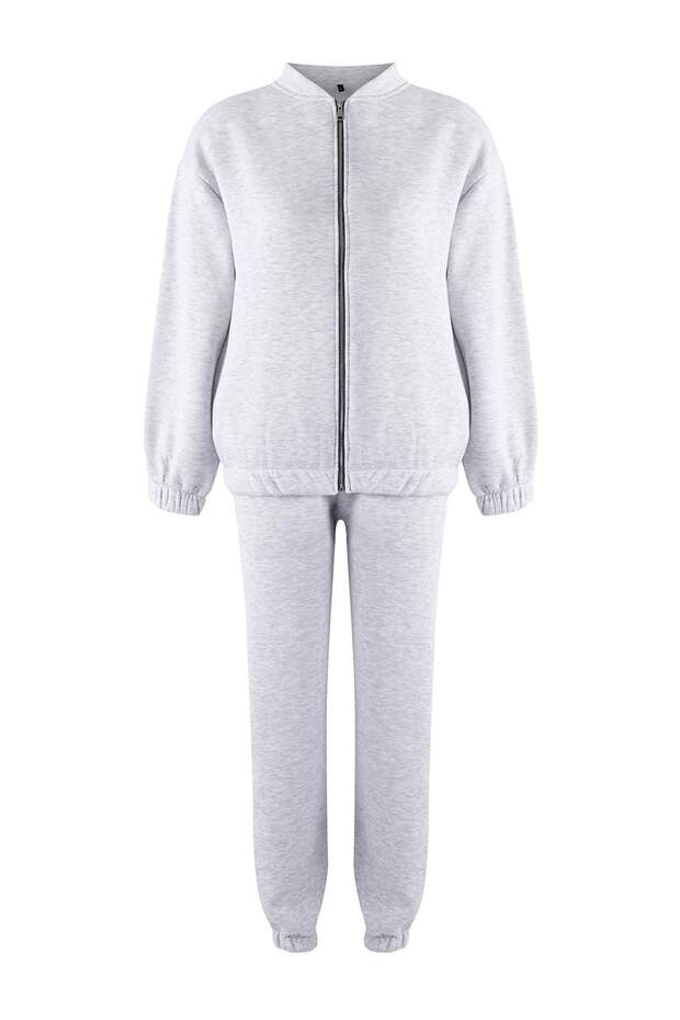 Graues 3-teiliges Trainingsanzug-Set aus Baumwoll-T-Shirt, Jogginghose und Sweatshirt mit Stehkragen und Reißverschluss TWOAW26EM00018 - 6