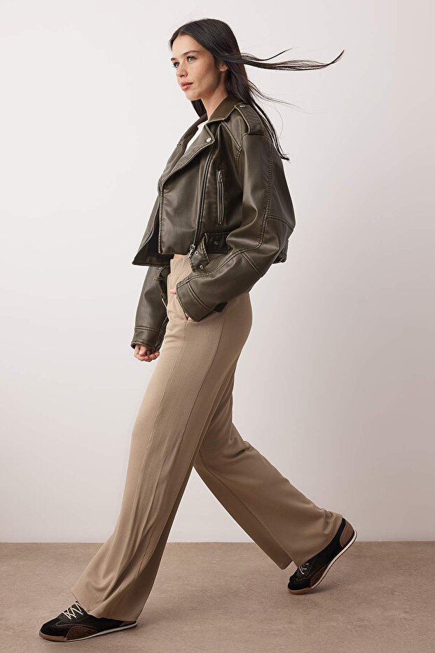 Vizon Kaşkorse Detaylı Wide Leg Yumuşak Kumaşlı Esnek Örme Pantolon TWOAW26PL00113 - 2