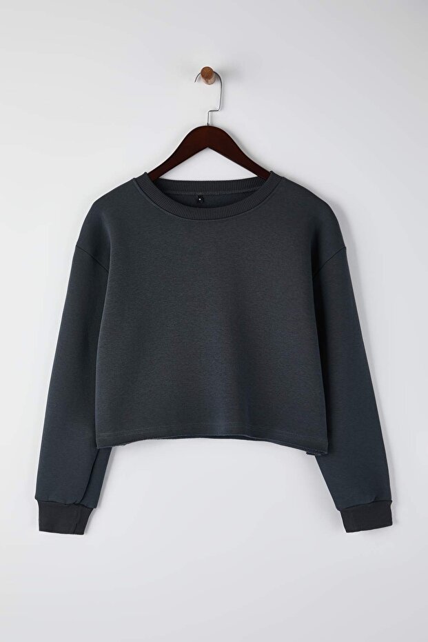 Antrasit Kalın İçi Polarlı Bisiklet Yaka Crop Örme Sweatshirt TWOAW26SW00093 - 5