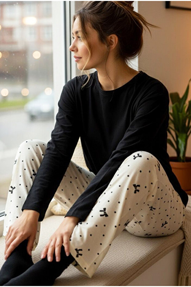 Ecru Bow Patterned Cotton Knitted Pajama Set7948 - 1