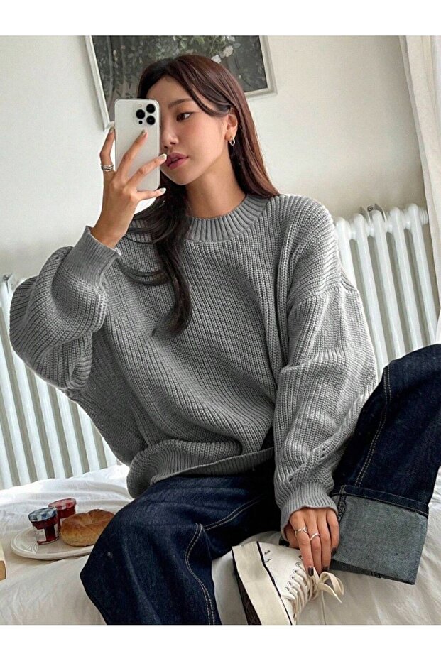 Kadın Selanik Örgü Gri Oversize Kazak, Kadın kazak - 4