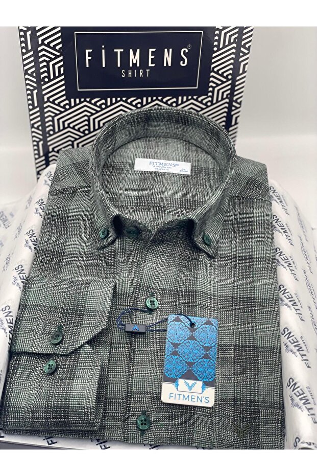 Classic Long Sleeve Winter 100% Cotton Checkered Collar Buttoned Gift Boxed Men's Shirt Fs-003135 - Green