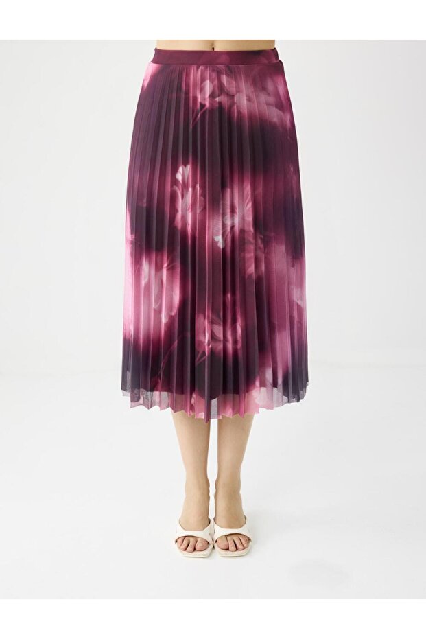 Gül Kurusu Yüksek Bel Piliseli Rahat Kesim Midi Etek - 3