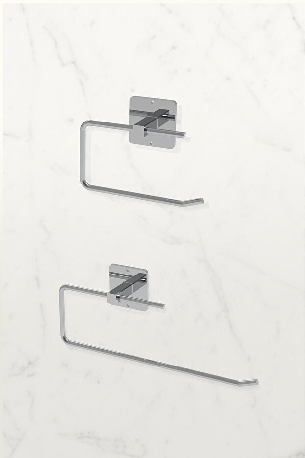 Adhesive Silver WC Paper Holder and Roll Towel Holder Bathroom Kitchen Set of 2