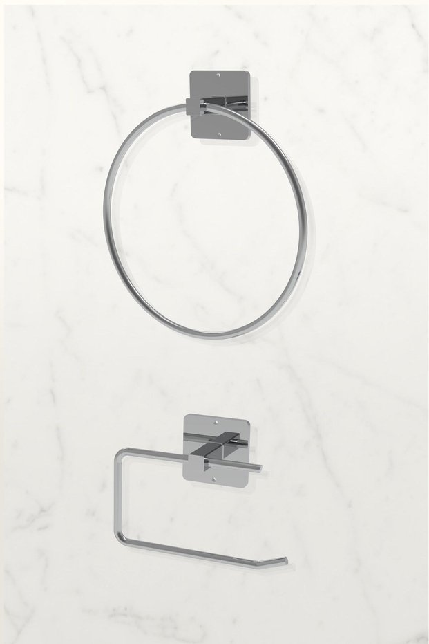 Adhesive Silver WC Paper Holder and Circle Towel Holder Bathroom Kitchen Set of 2