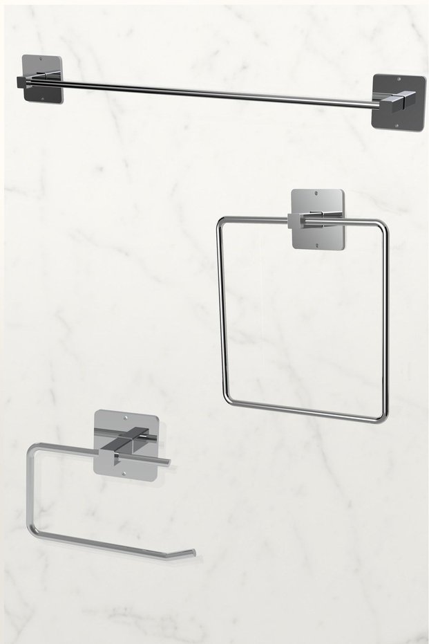 Adhesive Silver Long Towel Holder WC Paper Holder and Square Towel Holder Bathroom Kitchen Set of 3