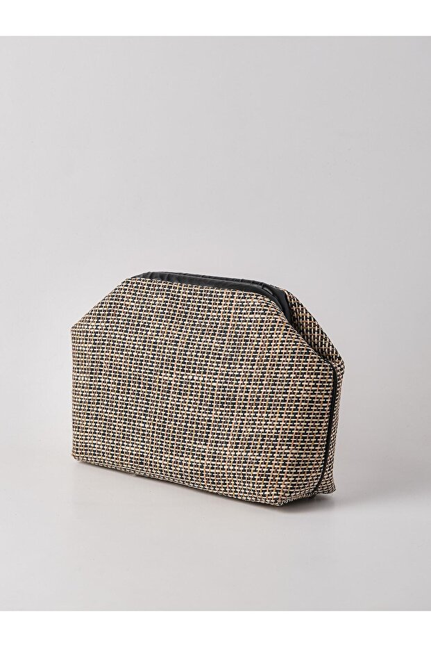 Heybes Women's Black Piped Striped Jute Straw Clutch Handbag