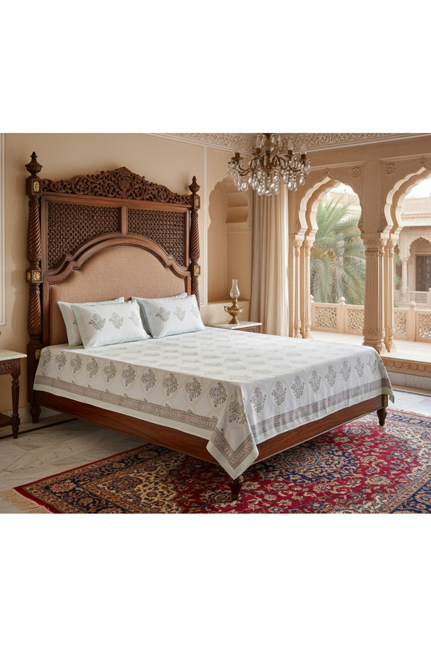 Heritage Block Print 100% Cotton Percale Bedsheet with 2 Pillowcases