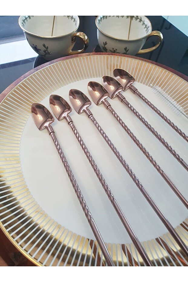 Set of 6 Stainless Cocktail Bar Spoons with Straws and Cleaning Brush, Latte Spoon with Straw 22 Cm