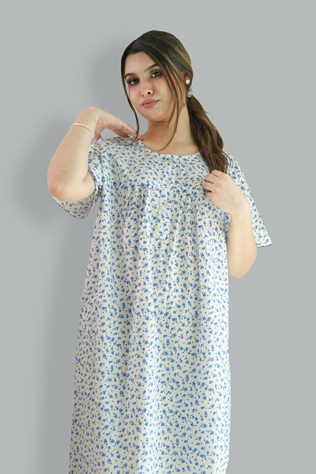 Printed Cotton Blue Nighty - Round Neck