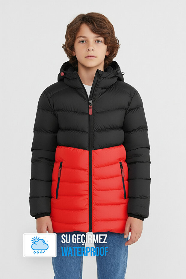 Boy's Windproof Thick Fiber Filled Winter Black-Red Hooded Coat
