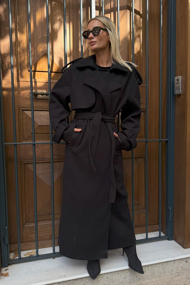 Epaulette and Piece Detail Lined Premium Quality Relaxed Fit Belted Women’s Melton Coat Jacket