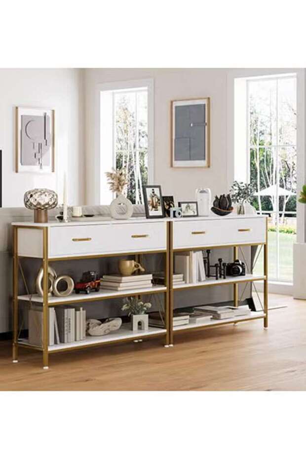 Console Table with 2-Tier Storage Shelves, Sofa Table with 2 Drawers, Side Buffet Table for Entr - 2