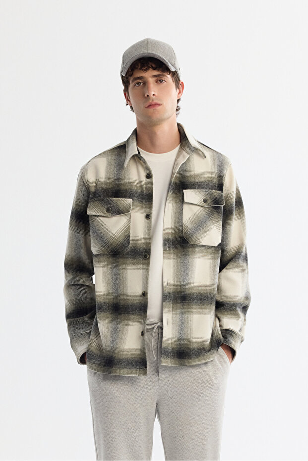 Men's Khaki Classic Collar Plaid Wool Blend Comfort Fit Shirt Jacket A42Y2116 - 1