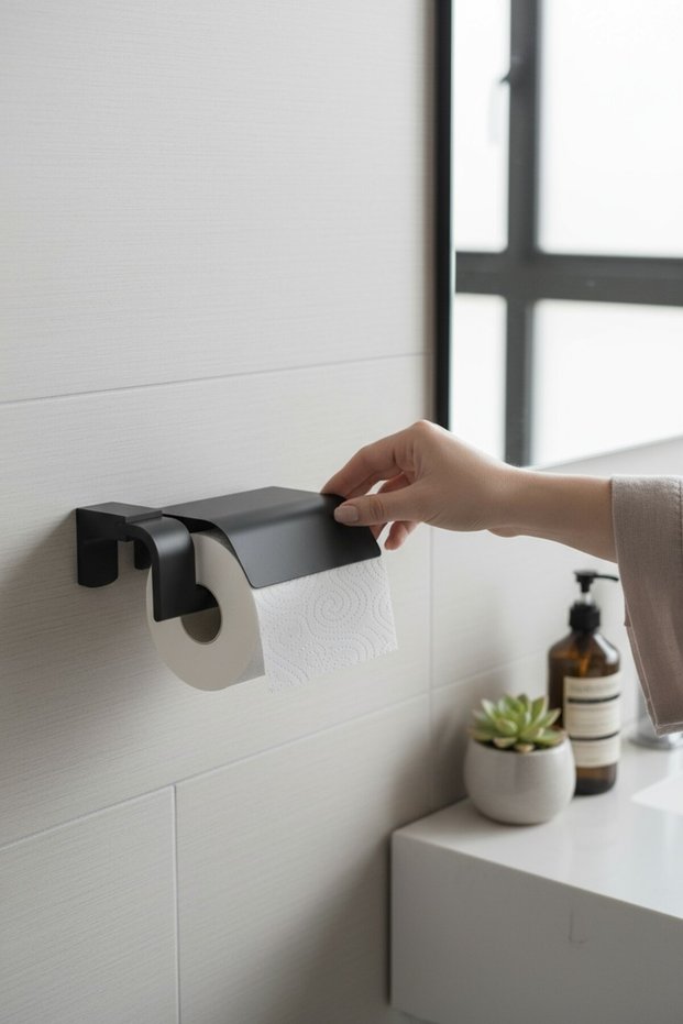 Classy Dark Black Toilet Paper Holder with Lid, Toilet Paper Holder, Black Bathroom Accessory