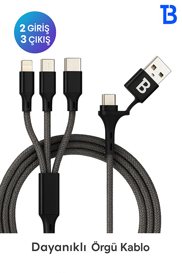 4in1 Çoklu Örgü Şarj Kablosu 1.2m – Hızlı Şarj, Type-C / Lightning / Micro-USB Uyumlu - 1