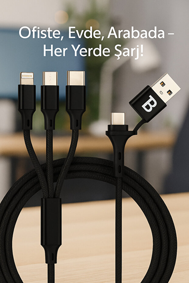 4in1 Çoklu Örgü Şarj Kablosu 1.2m – Hızlı Şarj, Type-C / Lightning / Micro-USB Uyumlu - 5