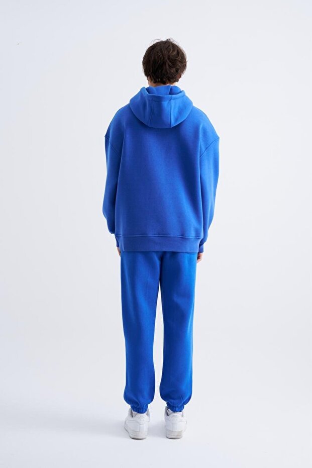 Erkek Basic Kapüşonlu Oversize Saks Sweatshirt - 5
