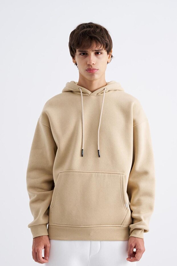 Erkek Basic Kapüşonlu Oversize Bej Sweatshirt - 1
