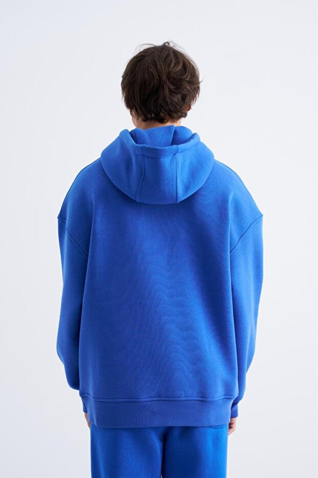 Erkek Basic Kapüşonlu Oversize Saks Sweatshirt - 2