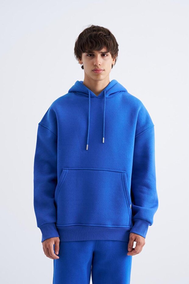 Erkek Basic Kapüşonlu Oversize Saks Sweatshirt - 1