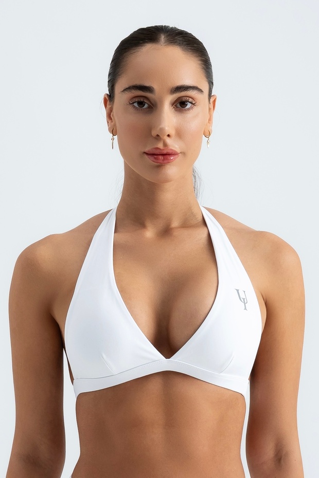 Sunkiss-V White Women's Sports Bra Triangle - Padded, Push-Up Effect and Drawstring Back Detail
