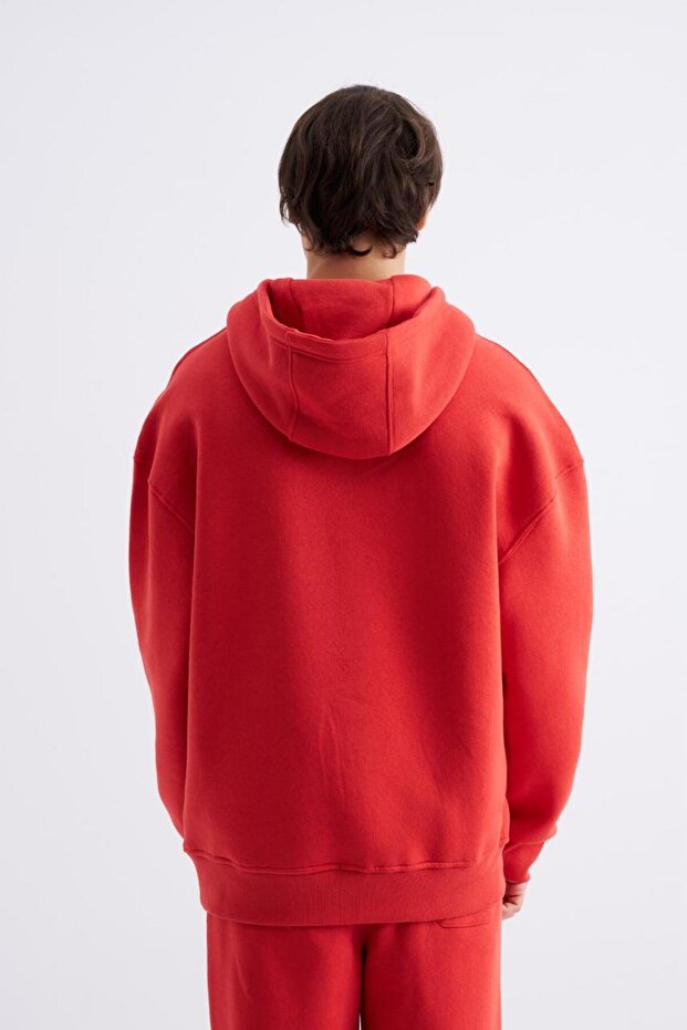Erkek Basic Kapüşonlu Oversize Kırmızı Sweatshirt - 2