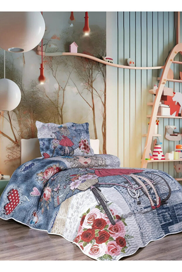 Çiçekci Kız Çocuk Tek Kişilik Yatak Örtüsü Takımı - Pike Set - 4