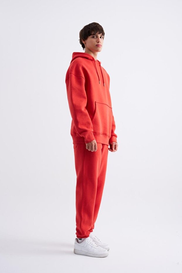 Erkek Basic Kapüşonlu Oversize Kırmızı Sweatshirt - 4