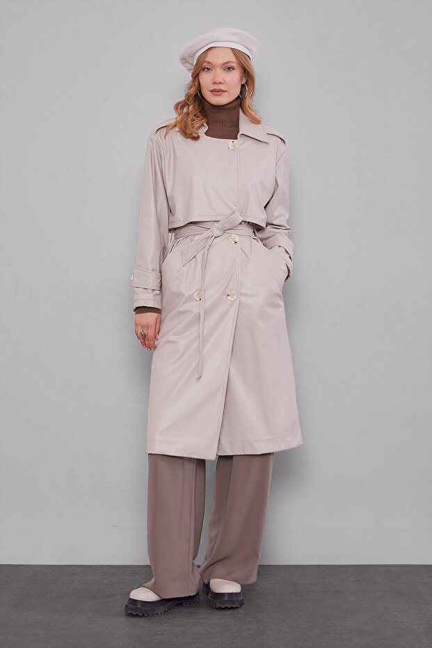 Stone Midi Size Belted Leather Trench Coat