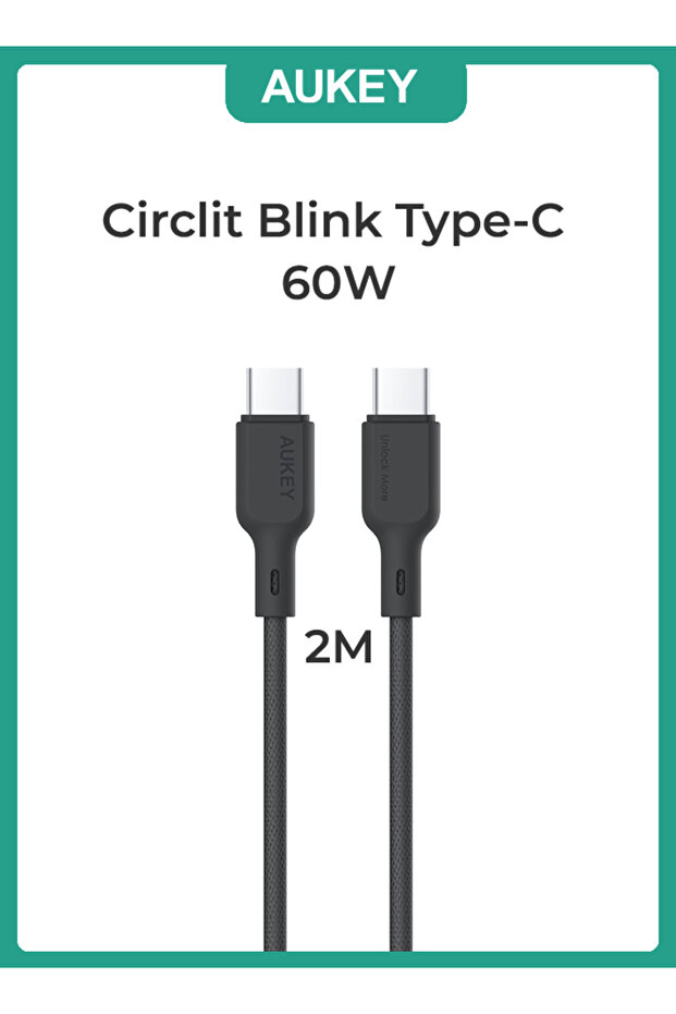 كابل سيركلت بلينك لايت، ٦٠ واط، بطول مترين، مضفر بتقنية دي تي واي، من USB-C إلى USB-C - CB-DCC064 أسود