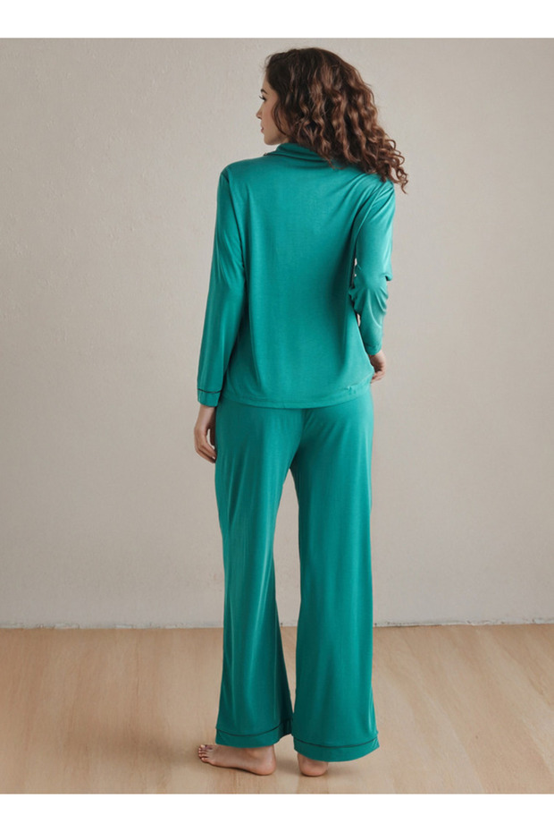 Long Sleeve Collared Pj Set - 3